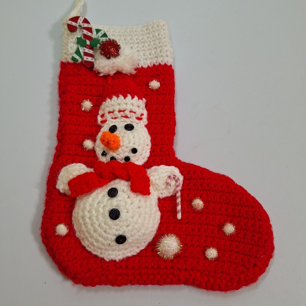 Vtg Hand Crochet Red Christmas Stocking White 3D Puffy Snowman‎ Red Scarf